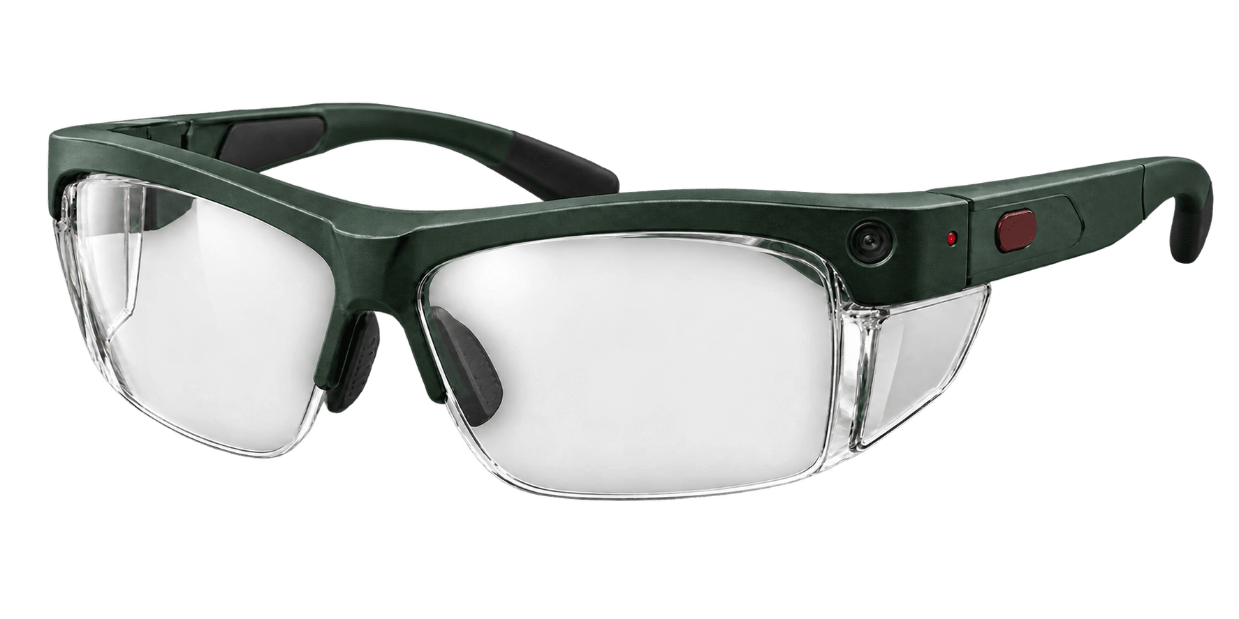 Illustrative smart safety glasses with clear lenses, an integrated camera, record button, and visible recording light
